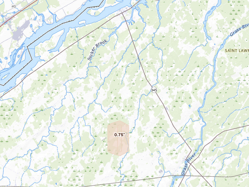 Radar-estimated hail-size map of the storm over Madrid, NY on Jan 21, 2026