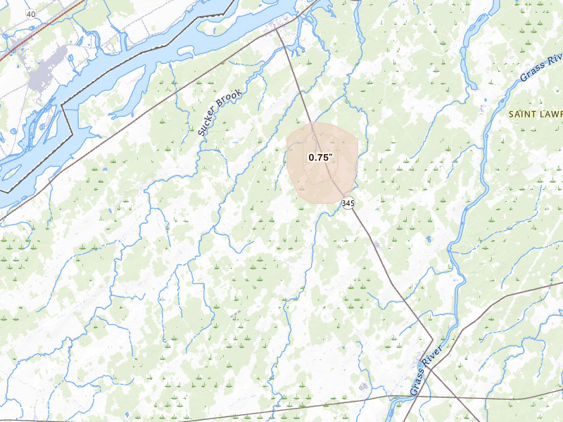 Radar-estimated hail-size map of the storm over Madrid, NY on Feb 22, 2026