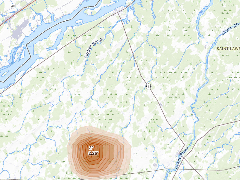 Radar-estimated hail-size map of the storm over Madrid, NY on Mar 16, 2026