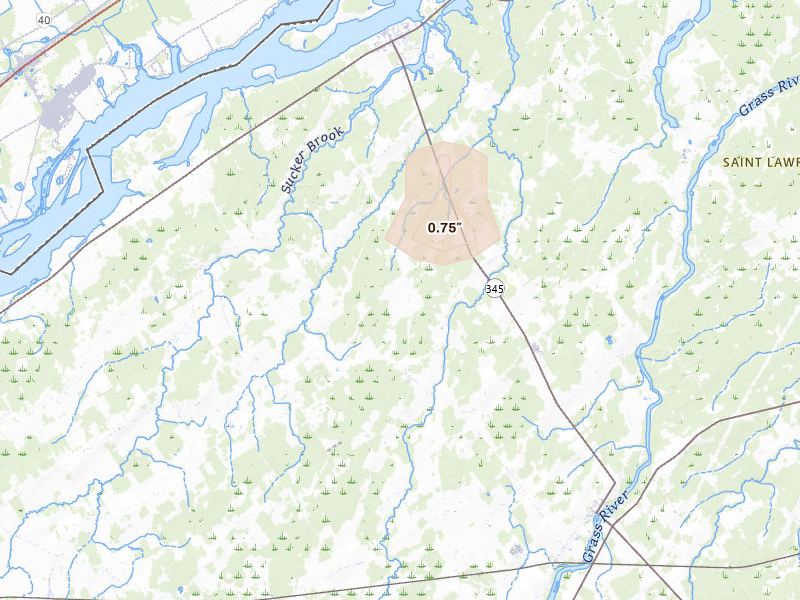 Radar-estimated hail-size map of the storm over Madrid, NY on Mar 26, 2026