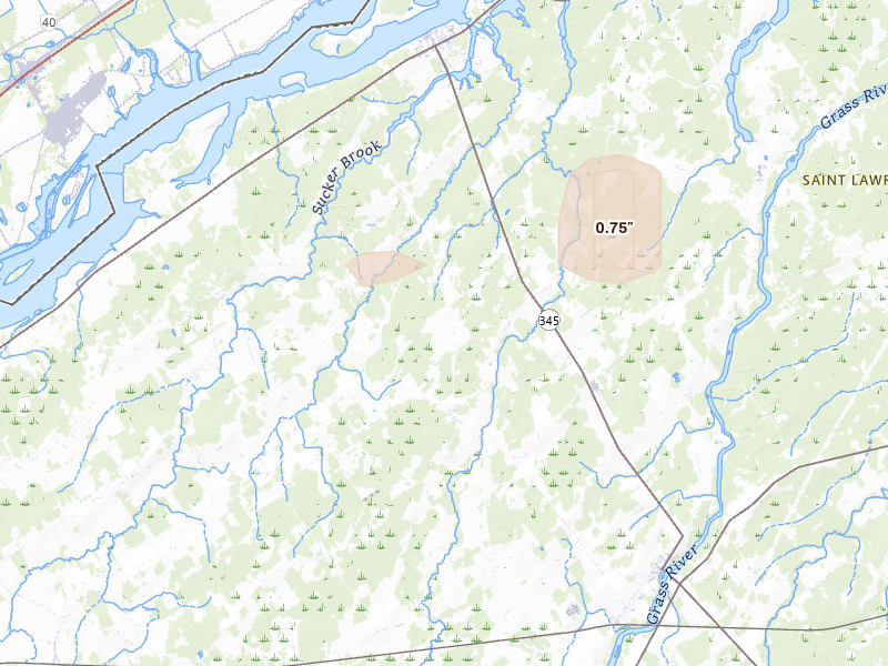 Radar-estimated hail-size map of the storm over Madrid, NY on Mar 30, 2026