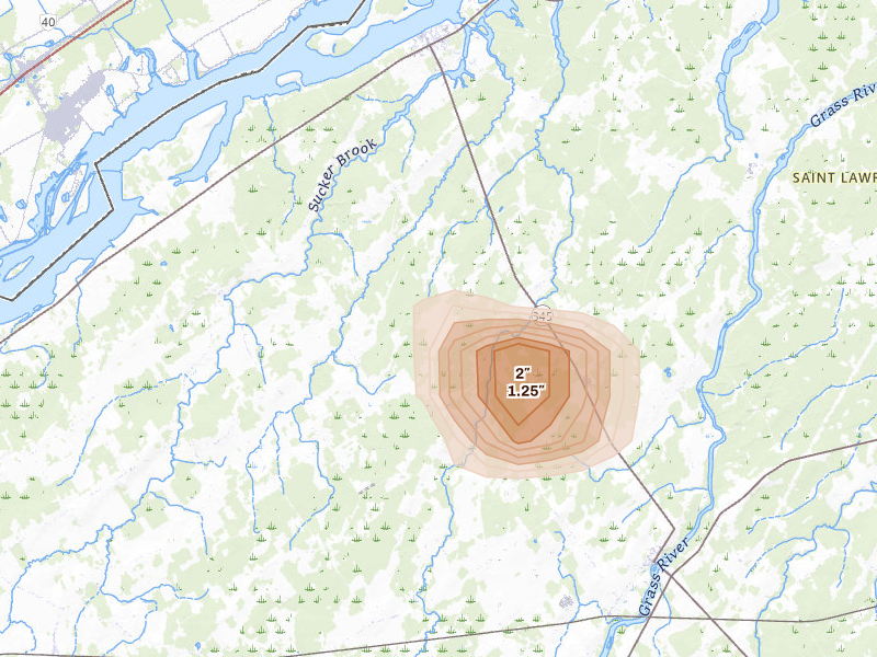 Radar-estimated hail-size map of the storm over Madrid, NY on Mar 31, 2026
