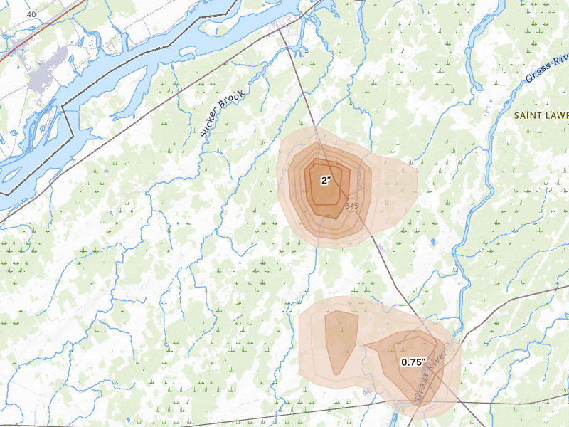 Radar-estimated hail-size map of the storm over Madrid, NY on Apr 1, 2026