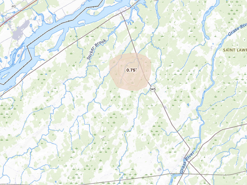 Radar-estimated hail-size map of the storm over Madrid, NY on Apr 29, 2026
