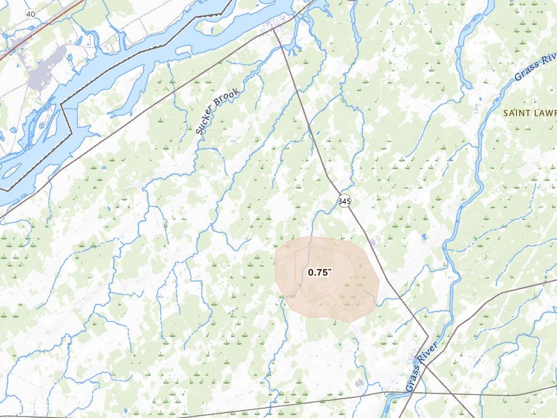 Radar-estimated hail-size map of the storm over Madrid, NY on May 1, 2026