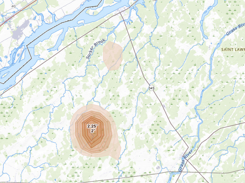 Radar-estimated hail-size map of the storm over Madrid, NY on May 6, 2026