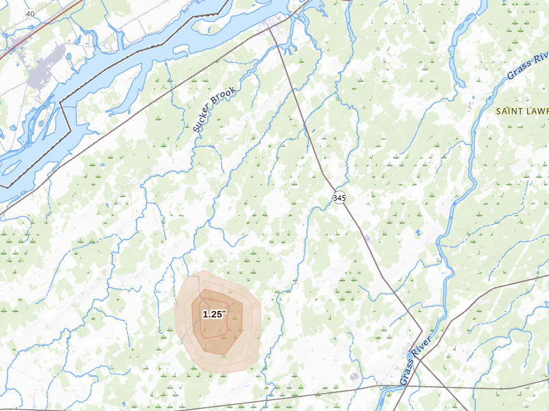 Radar-estimated hail-size map of the storm over Madrid, NY on May 13, 2026