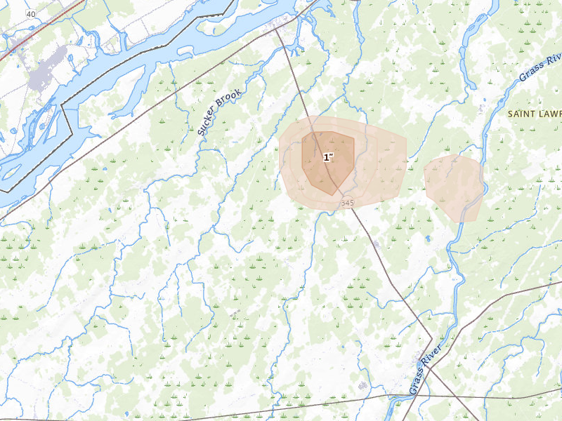 Radar-estimated hail-size map of the storm over Madrid, NY on May 16, 2026