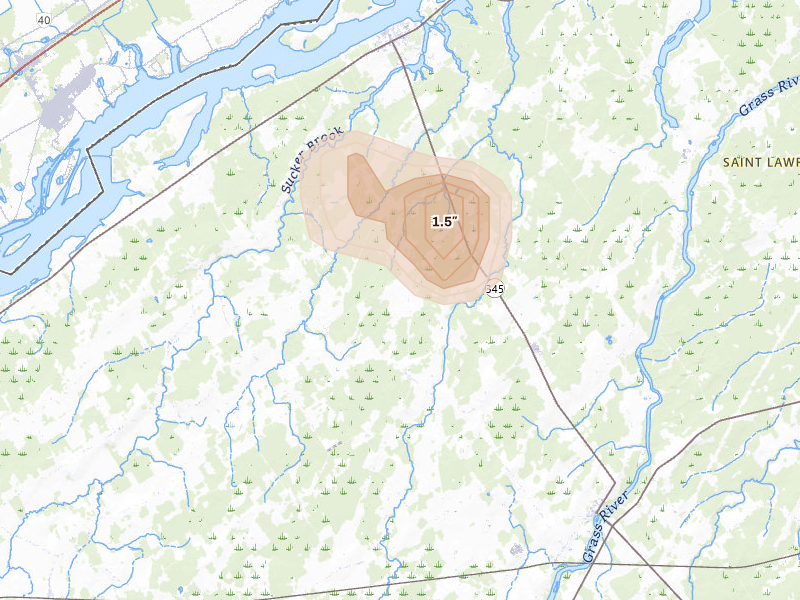 Radar-estimated hail-size map of the storm over Madrid, NY on Jun 11, 2026