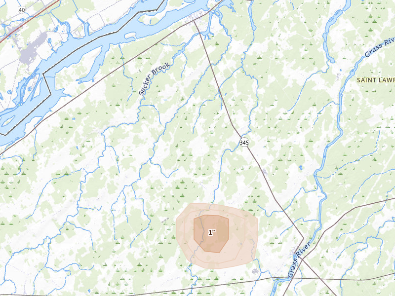 Radar-estimated hail-size map of the storm over Madrid, NY on Jun 23, 2026