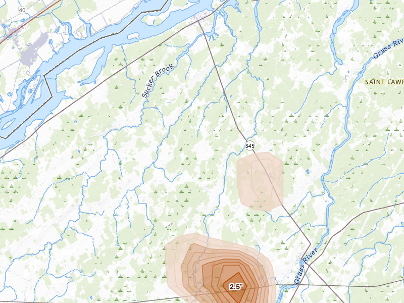 Radar-estimated hail-size map of the storm over Madrid, NY on Jun 25, 2026