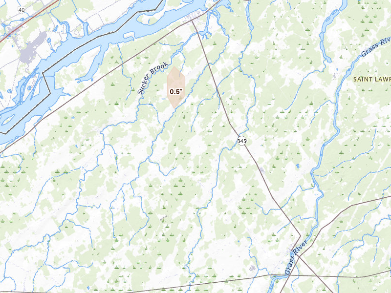 Radar-estimated hail-size map of the storm over Madrid, NY on Jul 18, 2026