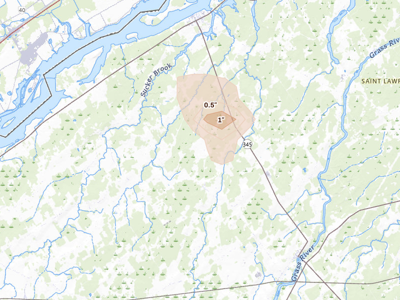 Radar-estimated hail-size map of the storm over Madrid, NY on Jul 25, 2026