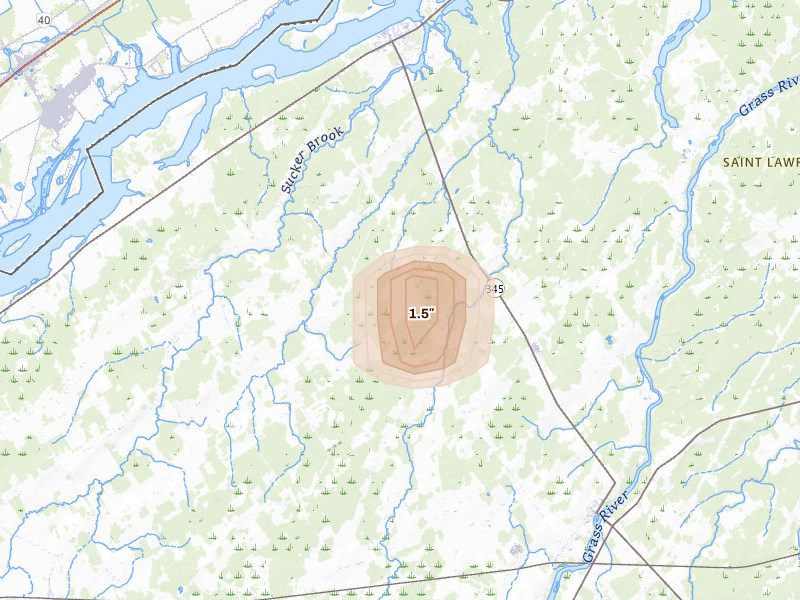 Radar-estimated hail-size map of the storm over Madrid, NY on Jul 28, 2026