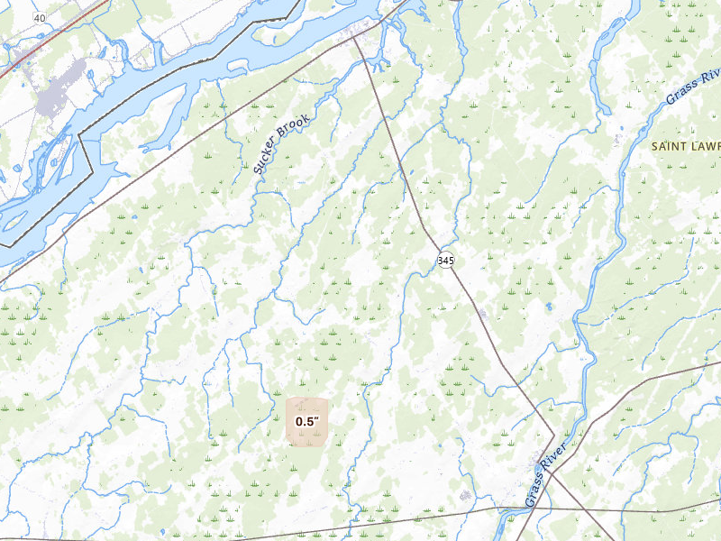 Radar-estimated hail-size map of the storm over Madrid, NY on Aug 2, 2026