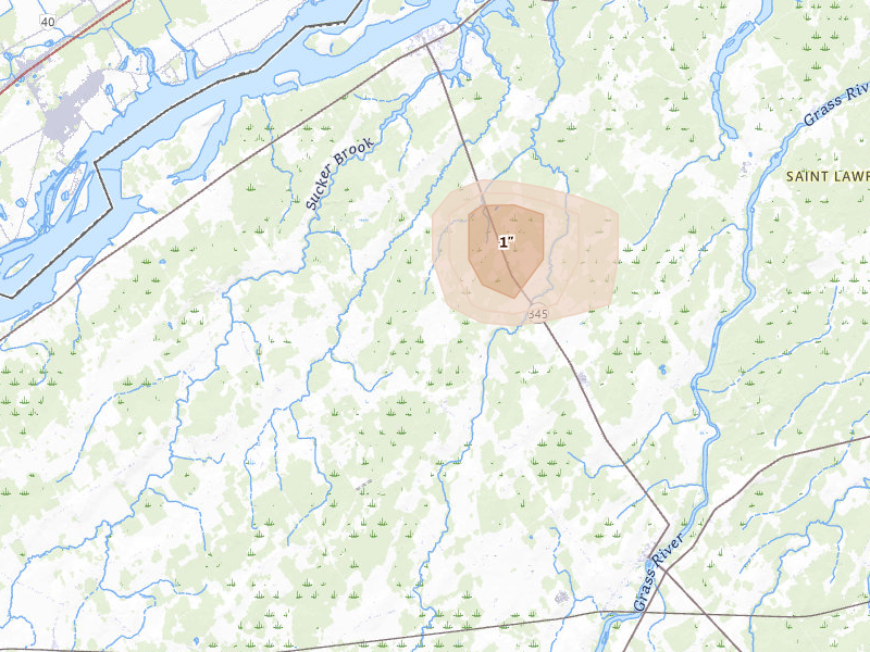 Radar-estimated hail-size map of the storm over Madrid, NY on Aug 6, 2026