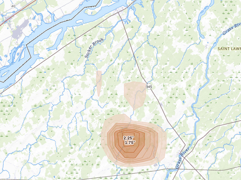 Radar-estimated hail-size map of the storm over Madrid, NY on Aug 7, 2026