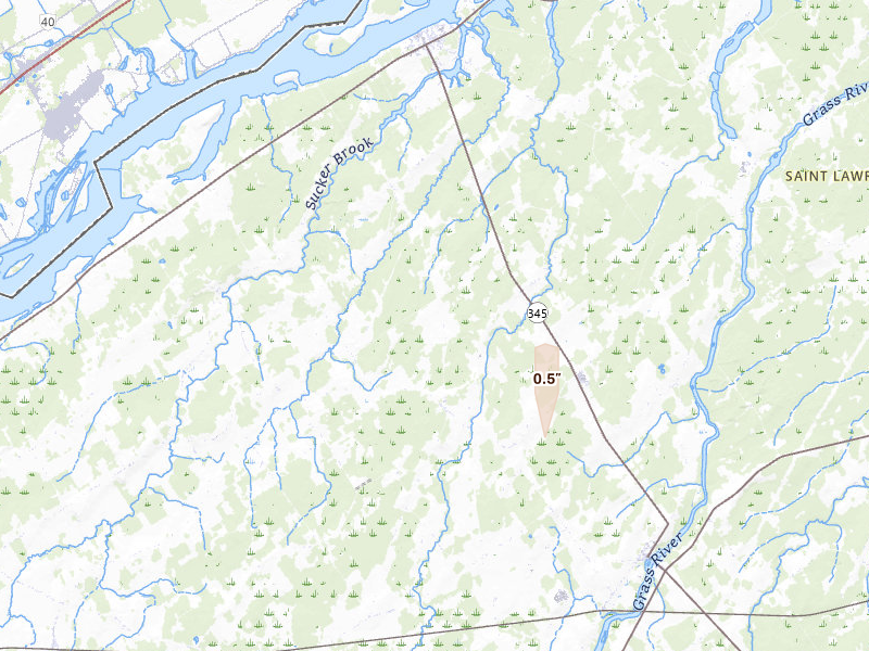 Radar-estimated hail-size map of the storm over Madrid, NY on Aug 22, 2026