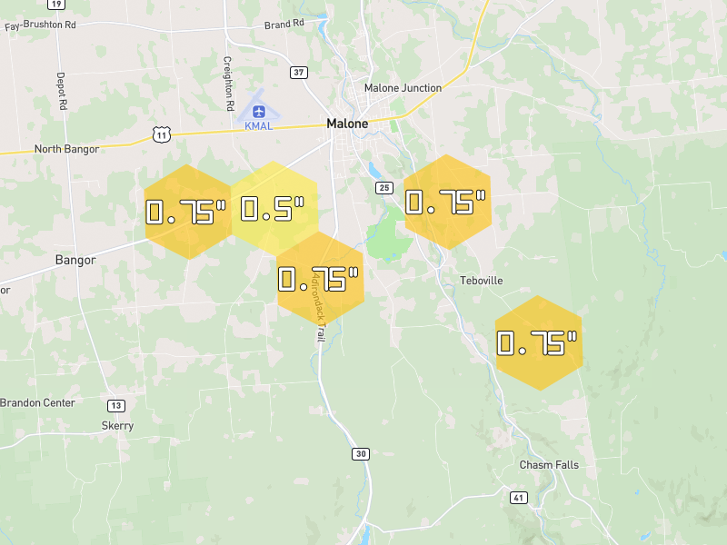 Hail map of Malone, NY on Jul 2, 2026, hail up to 0.75"