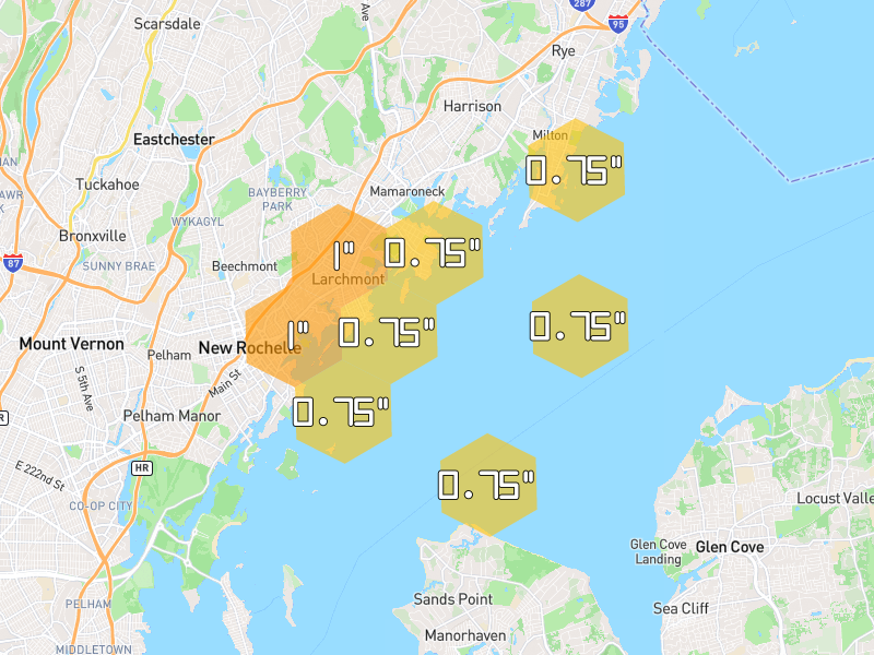 Hail map of Mamaroneck, NY on Jul 21, 2026, hail up to 1"