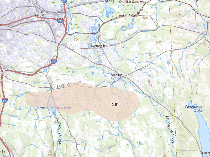 Radar-estimated hail-size map of the storm over Manlius, NY on Jul 3, 2026
