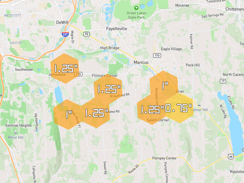 Hail map of Manlius, NY on Jul 3, 2026, hail up to 1.25"