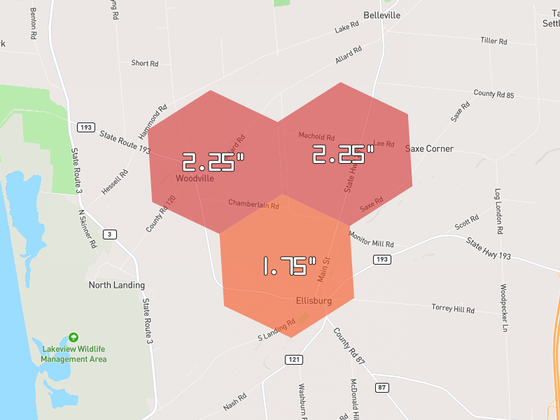 Hail map of Mannsville, NY on Jun 26, 2026, hail up to 2.25"