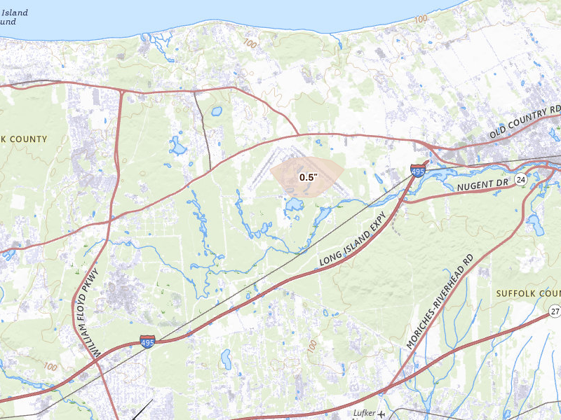 Radar-estimated hail-size map of the storm over Manorville, NY on Jul 4, 2026