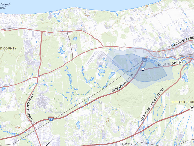 NEXRAD radar-signature map of the hail storm over Manorville, NY on Jul 4, 2026