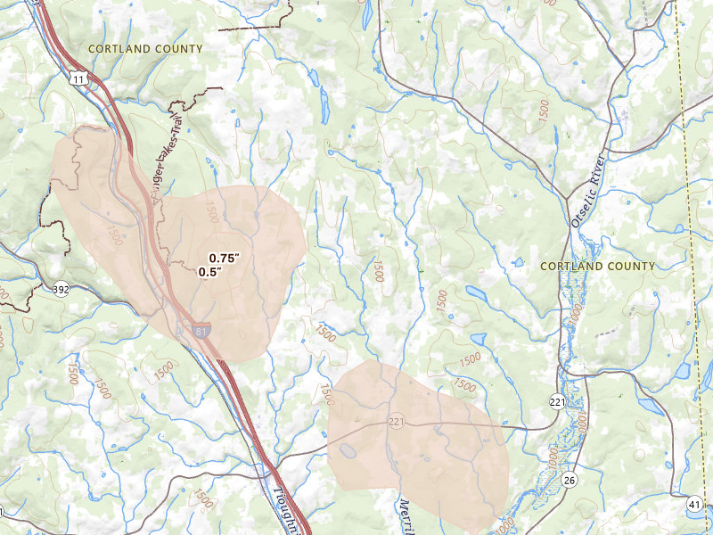 Radar-estimated hail-size map of the storm over Marathon, NY on Jul 3, 2026