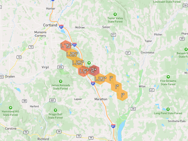 Hail map of Marathon, NY on Jul 3, 2026, hail up to 2"