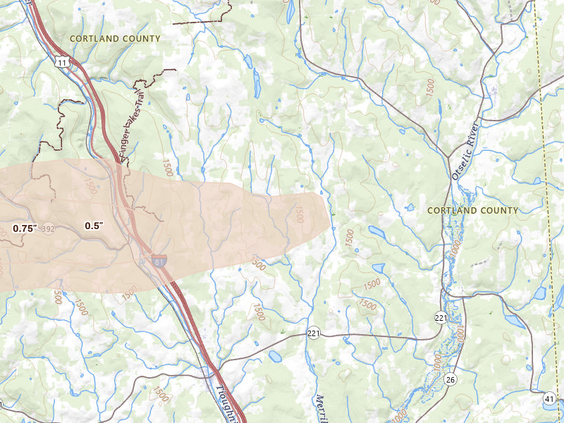 Radar-estimated hail-size map of the storm over Marathon, NY on Aug 27, 2026