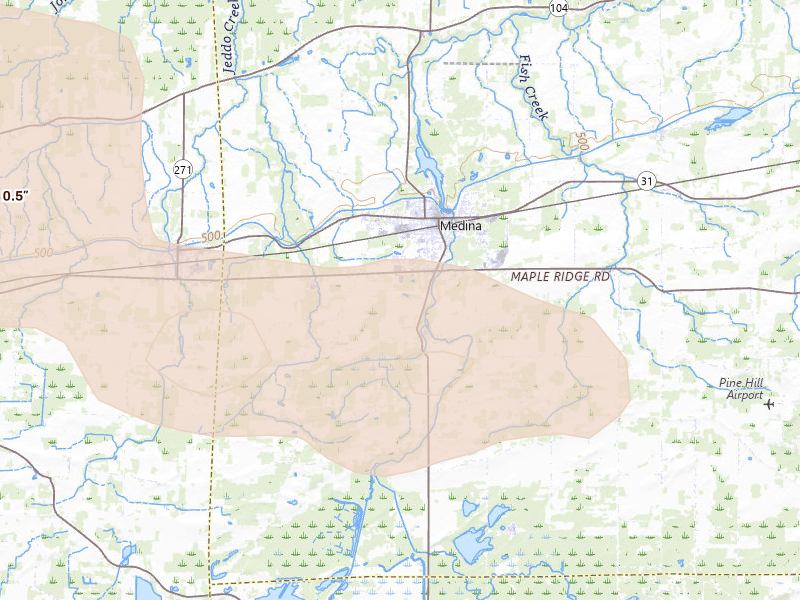 Radar-estimated hail-size map of the storm over Medina, NY on Jul 18, 2026