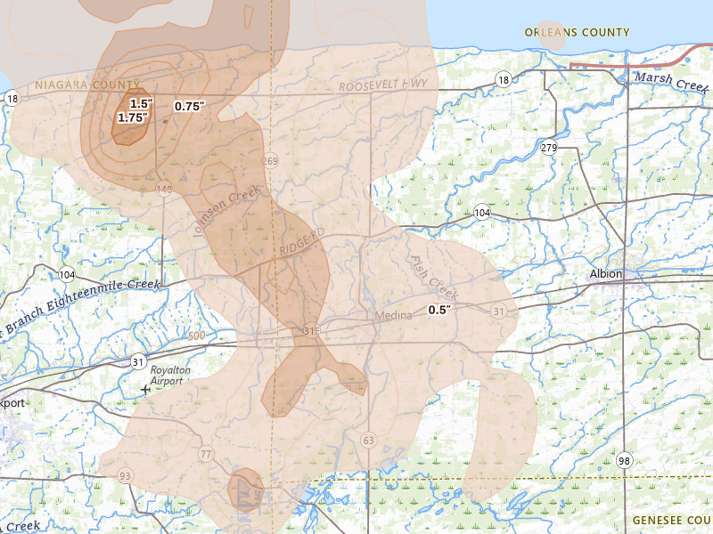 Radar-estimated hail-size map of the storm over Medina, NY on Sep 1, 2026