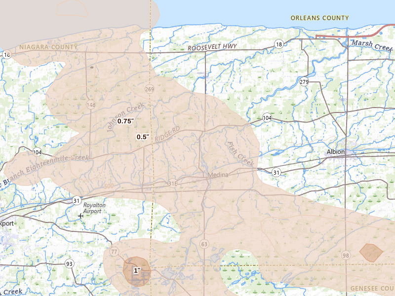 Radar-estimated hail-size map of the storm over Medina, NY on Sep 2, 2026