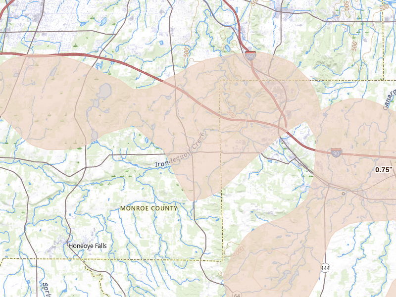 Radar-estimated hail-size map of the storm over Mendon, NY on Jul 18, 2026
