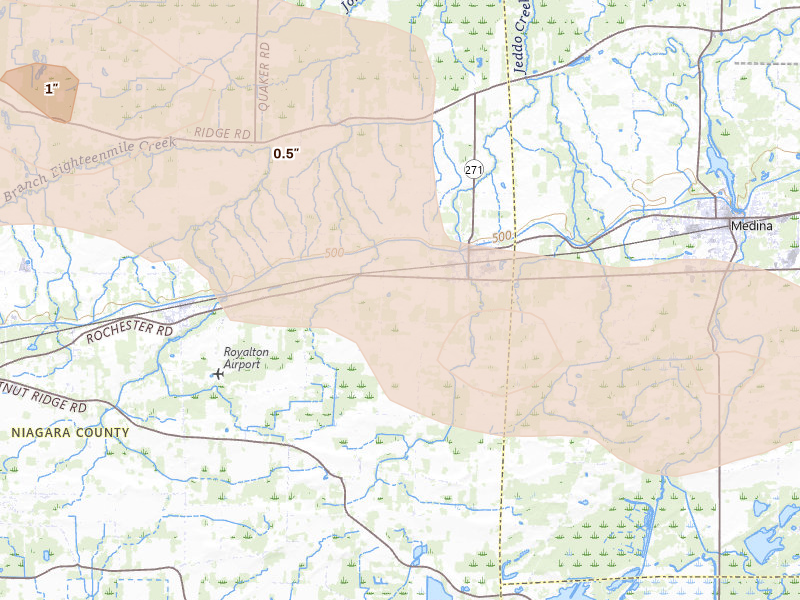 Radar-estimated hail-size map of the storm over Middleport, NY on Jul 18, 2026