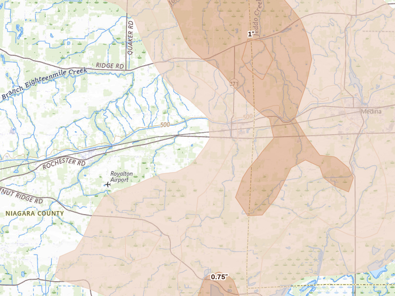 Radar-estimated hail-size map of the storm over Middleport, NY on Sep 1, 2026