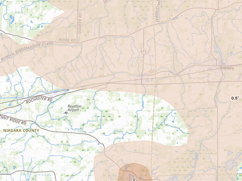 Radar-estimated hail-size map of the storm over Middleport, NY on Sep 2, 2026
