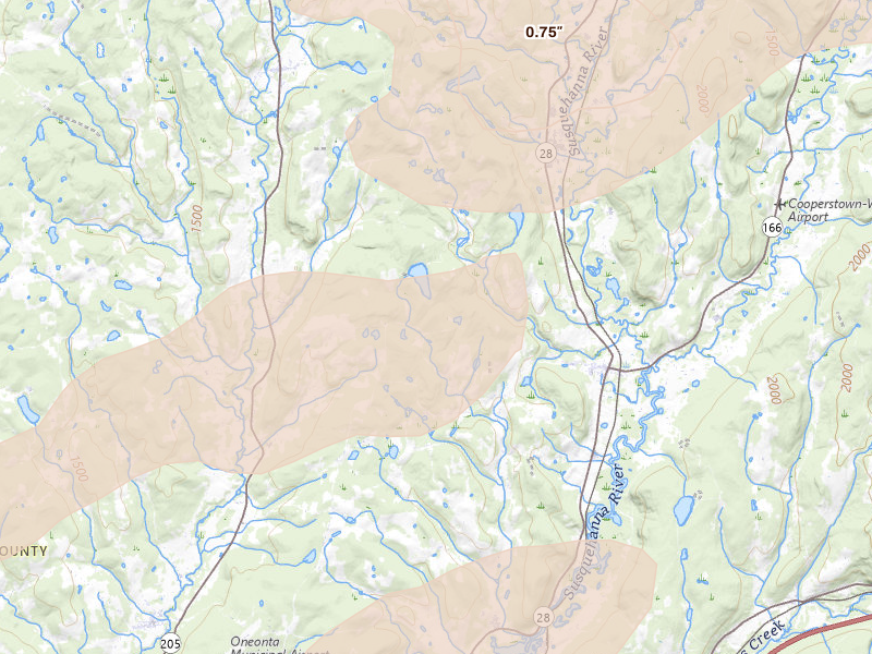 Radar-estimated hail-size map of the storm over Milford, NY on Aug 27, 2026