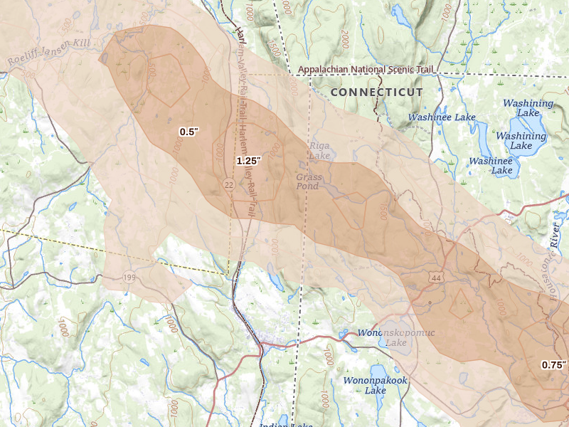 Radar-estimated hail-size map of the storm over Millerton, NY on Jul 4, 2026