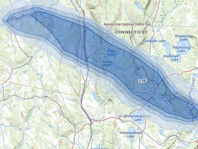 NEXRAD radar-signature map of the hail over Millerton, NY