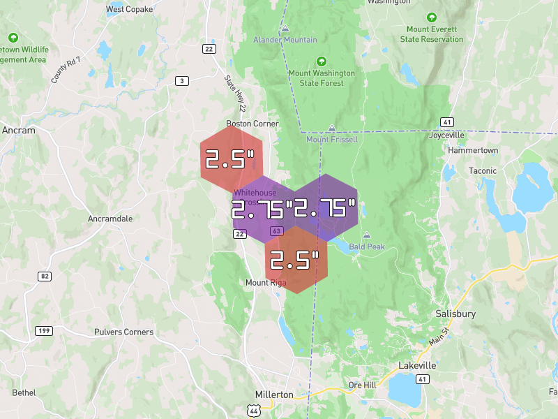 Hail map of Millerton, NY on Jul 4, 2026, hail up to 2.75"
