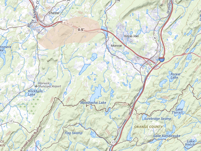 Radar-estimated hail-size map of the storm over Monroe, NY on Aug 7, 2026