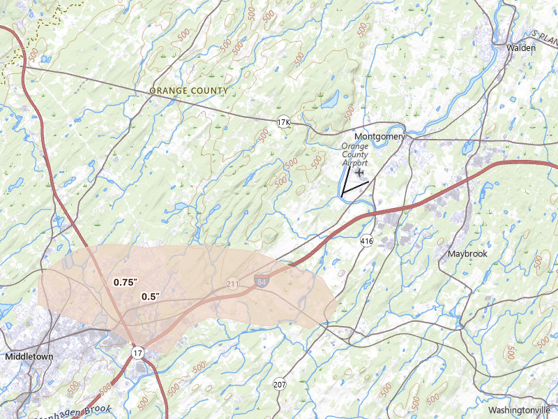 Radar-estimated hail-size map of the storm over Montgomery, NY on Aug 8, 2026