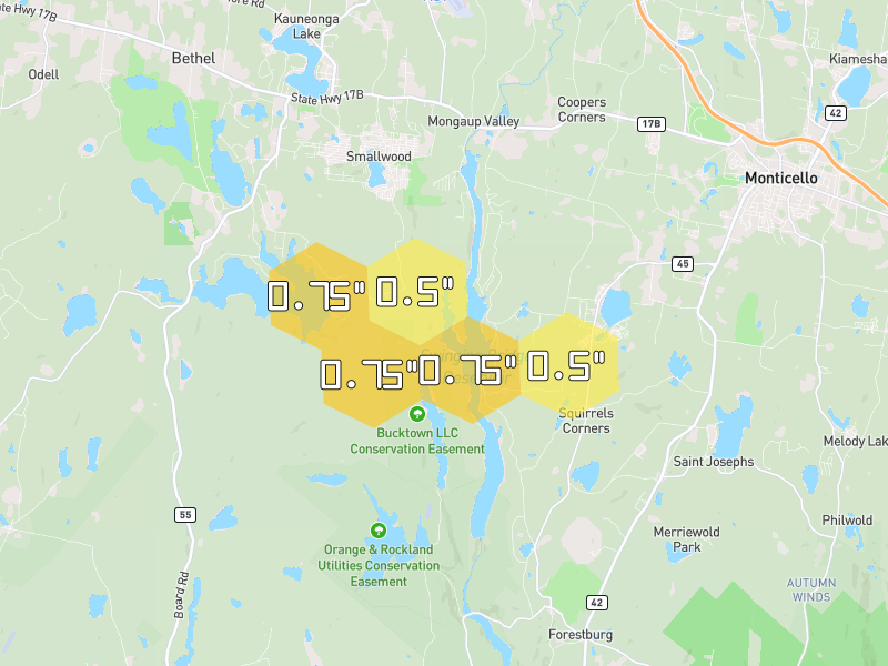 Hail map of Monticello, NY on Jul 1, 2026, hail up to 0.75"