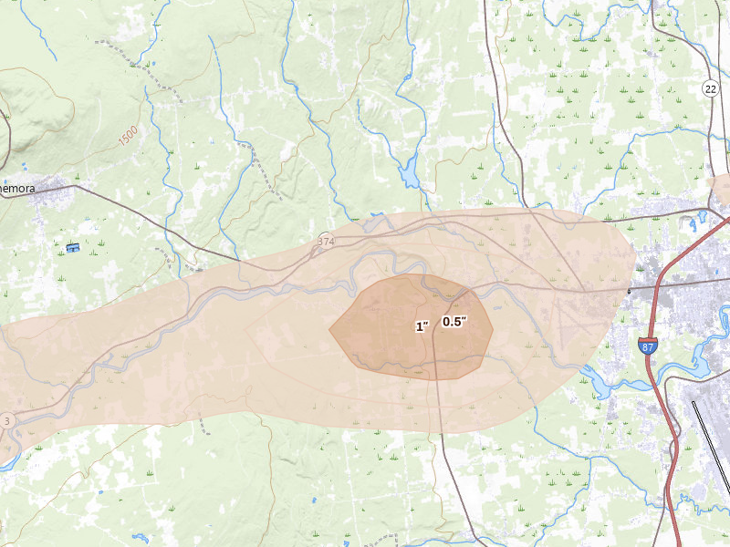 Radar-estimated hail-size map of the storm over Morrisonville, NY on Jul 1, 2026