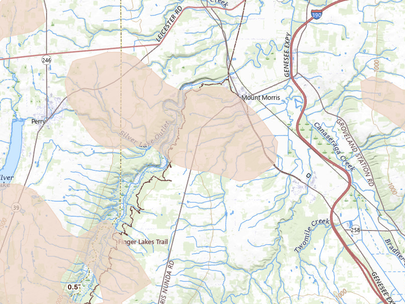 Radar-estimated hail-size map of the storm over Mount Morris, NY on Sep 2, 2026