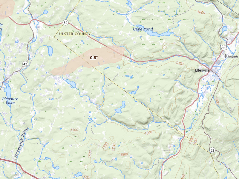 Radar-estimated hail-size map of the storm over Mountain Dale, NY on Aug 27, 2026