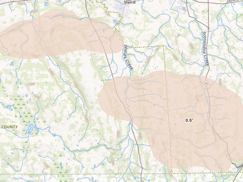 Radar-estimated hail-size map of the storm over Munnsville, NY on Jul 1, 2026